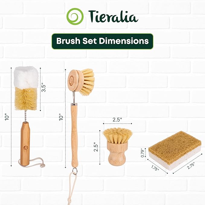 Tieralia Bamboo Dish Brush Set 5 Piece – Eco Friendly Kitchen Cleaning Kit with Bottle Brush, Long Dish Brush, Palm Scrubber & 2 Plant-Based Sponges | Plastic-Free Natural Dish Scrubber