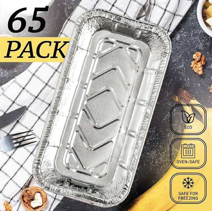 (65 Pack) 2Lb Foil Bread Pans for Baking, Disposable Bread Pans - Perfect for Baking Banana Bread, Cakes & Meatloaf - 2 Pound Aluminum Pans for Food Serving - 8.5" X 4.5" X 2.5"