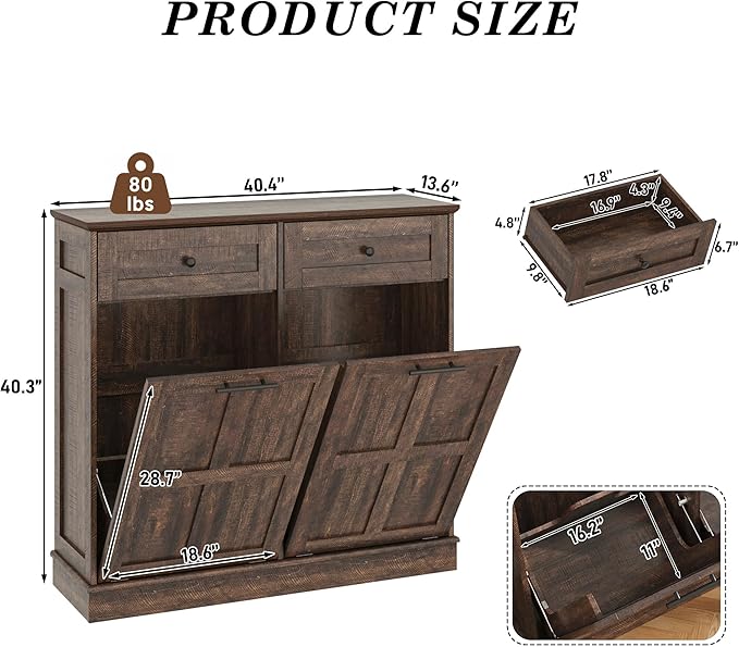 chartustriable 26 Gallon Double Tilt Out Trash Cabinet, Pet Proof Barn Door Garbage Can with 2 Drawers, Farmhouse Wood Laundry Hamper & Storage Basket, Kitchen, Rustic Brown