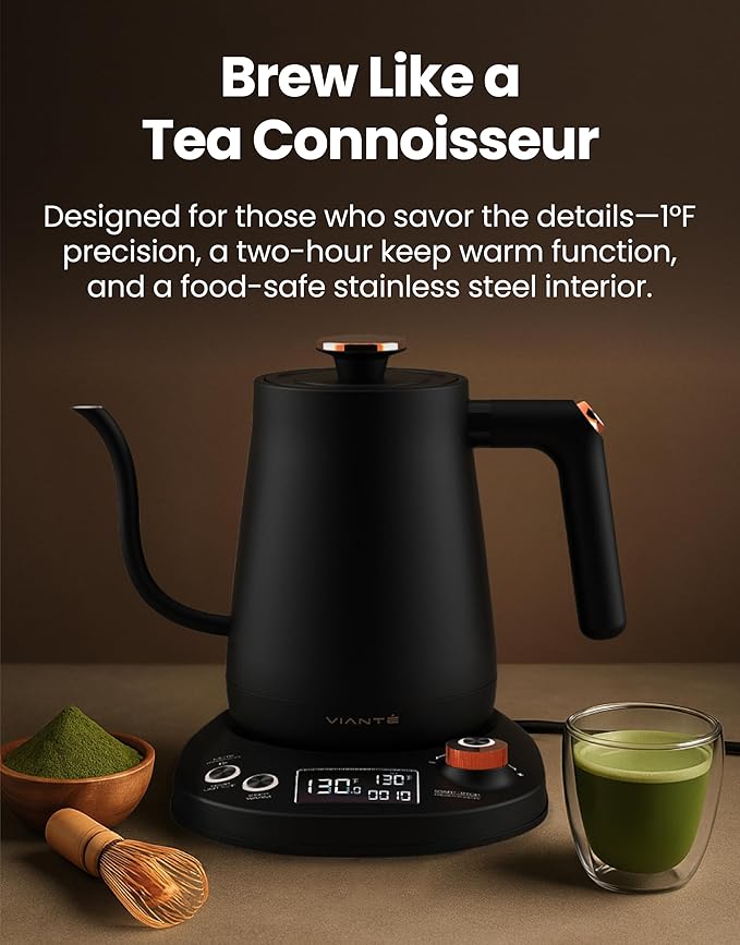 Vianté Electric Gooseneck Kettle with Precise Temperature Control. Pour Over Coffee & Tea Kettle. Boil-Dry Protection & Keep Warm Function. Stainless Steel, BPA-Free. Includes #2 Filters. 0.8L