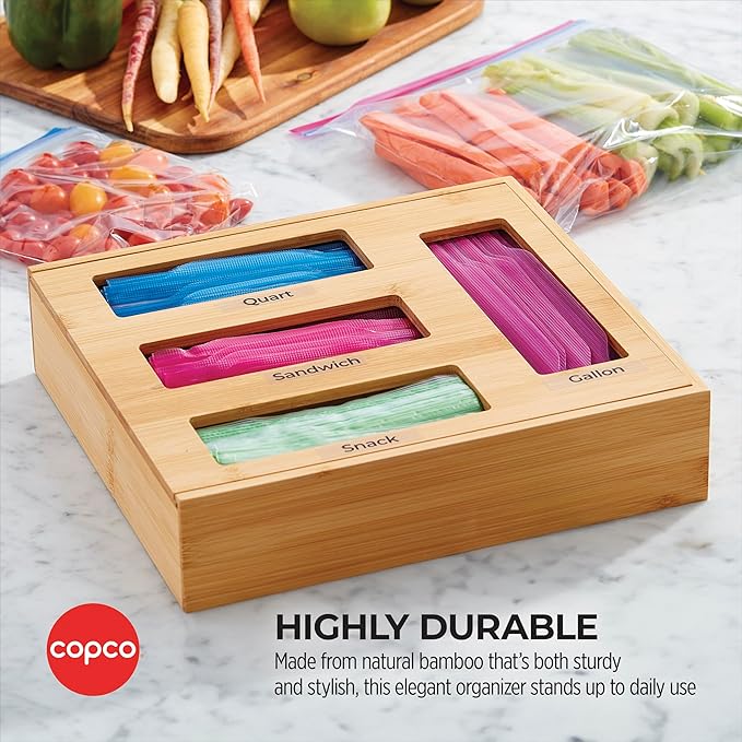 Copco 4 Compartment Storage Organizer for Gallon, Quart, Sandwich, and Snack Bags with Clear Labels, With In Drawer or Wall Mounting Feature For Space Saving