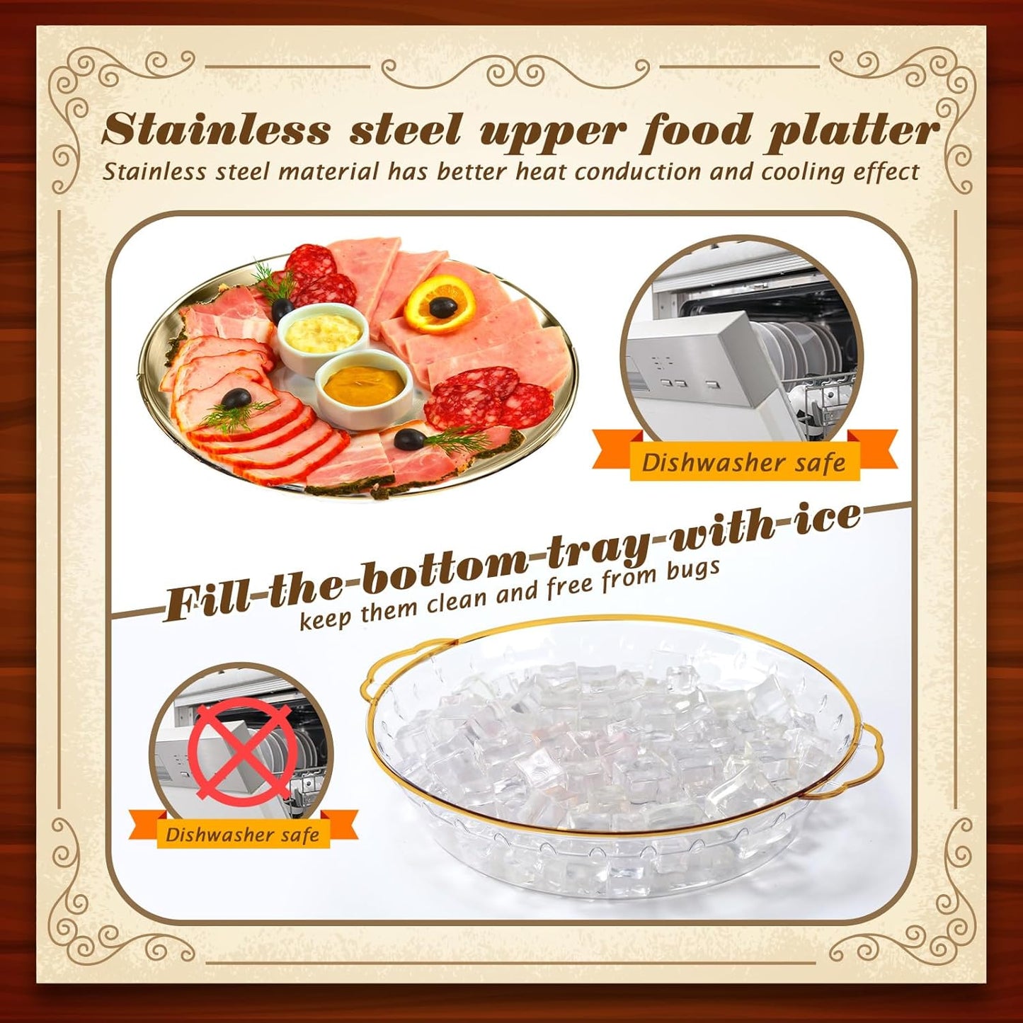 Baderke 1 Set 11.8" Chilled Serving Tray for Parties with Compartments Ice Chilled Party Platter Charcuterie Serving Board Cold Dish Dip for Fruit Seafood Vegetable Shrimp Cocktail (Gold)