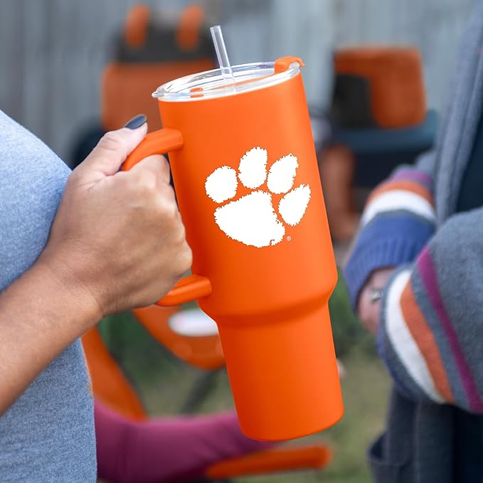 Logo Brands NCAA 40 oz Tumbler with Handle -Stainless Steel Insulated Travel Tumbler with Straw Lid – Powder Coated, Leak-Resistant, Keeps Drinks Hot/Cold – Great for Tailgating, or Everyday Use
