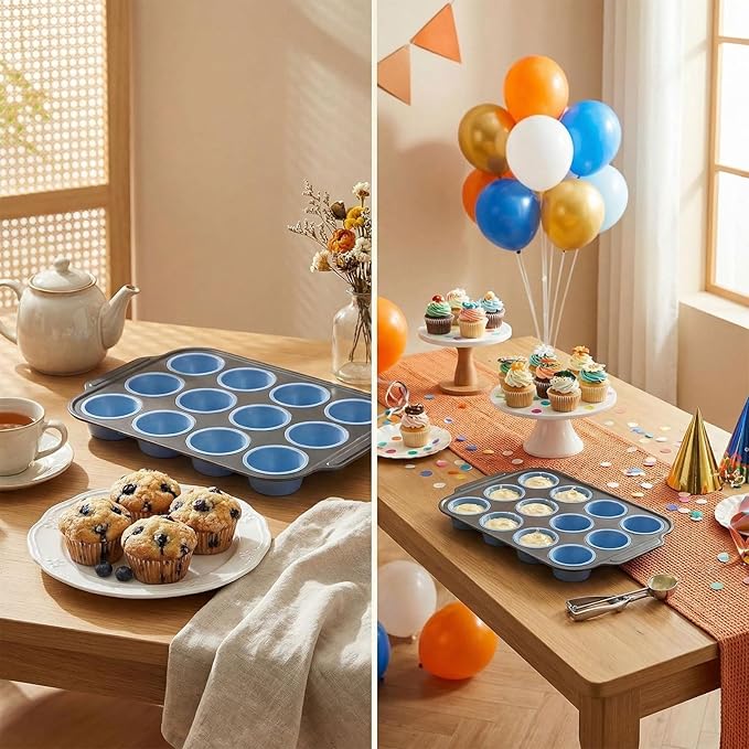 Rigid-Frame Silicone Muffin Pan for Baking,No-Spill Easy-Transfer Design,Reinforced Steel Frame, Non-Stick & Dishwasher Safe,12-Cup Regular Size Muffin & Cupcake Pan Bakeware for Oven (Blue 1pcs)