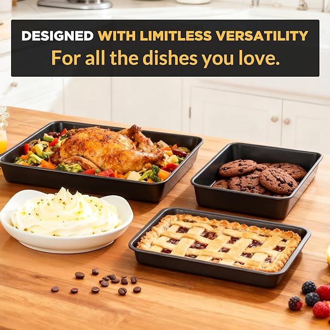 Professional Non-Stick Baking Sheets Set, 3-Piece Heavy Duty Carbon Steel Cookie Sheets with Oven Safe & Even Heating for Baking, Roasting, Cooking (Black)