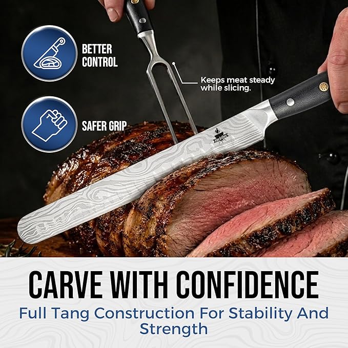 Brisket Knife Set for Meat Carving & BBQ - 12" Slicing Knife, 6" Boning Knife & Carving Fork for Smooth Meat Cutting, Full Tang & Ergonomic - Razor Sharp German Steel, Grilling Gifts for Men