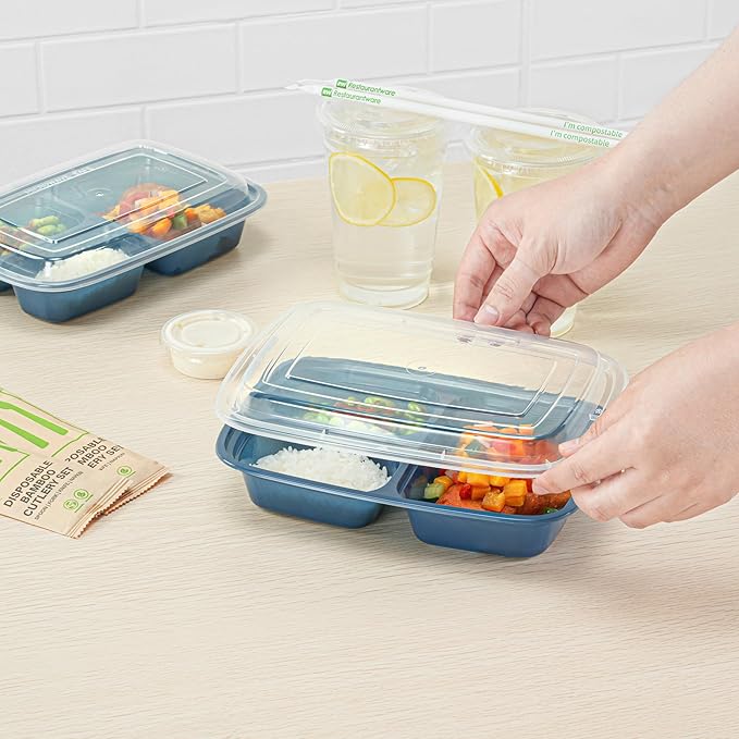 Asporto 26 Ounce Compartment Take Out Boxes, 100 Microwavable Meal Prep Containers - 3 Compartments, With Clear Plastic Lids, Midnight Blue Plastic Food Containers, Do Not Contain BPA - Restaurantware