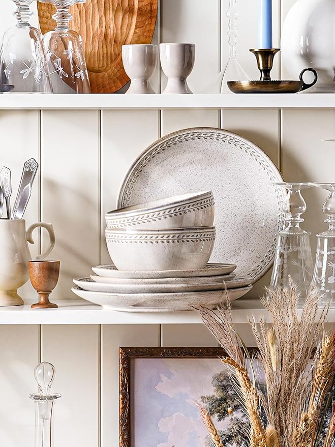 LE TAUCI Plates and Bowls Sets for 4, 12 Piece Ceramic Dinnerware Sets, Kitchen Stoneware Dish Set, Chip Resistant, Microwave & Dishwasher Safe, Reactive Glaze Beige (8"&10" Plate, 27oz Bowl)