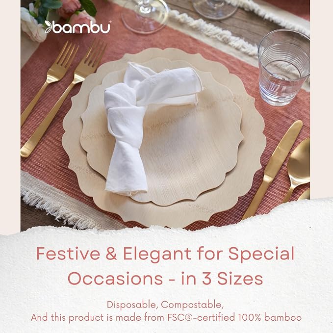 Bambu Pack of 8-9 Inch Disposable Bamboo Plates Fancy, Biodegradable Eco Friendly Products, Bamboo Disposable Plates for Party, Weddings, and Events, Great For Any Occasion, Compostable Plates