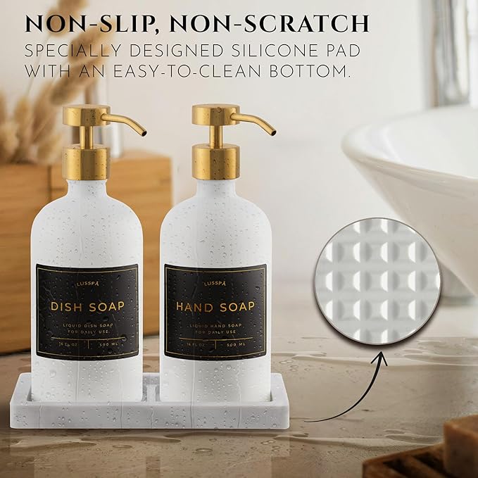 Glass Soap Dispenser Set of 2 (White) with Silicone Tray | Hand and Dish Soap Dispenser for Kitchen and Bathroom | 16.8 Oz Glass Bottles with Stainless Steel Pump & 15 Waterproof Labels (White/Gold)