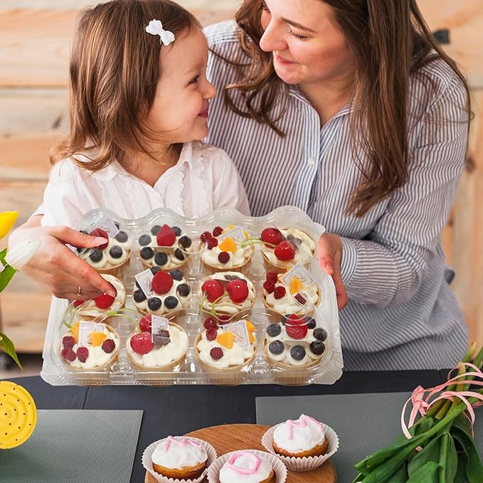 WIKDAY 12 Count x 12 Sets Plastic Cupcake Containers, Durable and BPA-Free Cupcake Holder with Lid for Easy Transport Storage, Stackable Clear Cupcake Carriers, Reusable Dessert Boxes