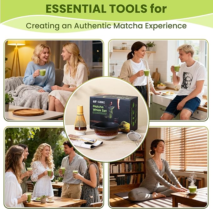 Matcha Whisk Set, Ceramic Matcha Set Desert Series, Matcha Bowl, Matcha Whisk and Holder, Bamboo Scoop, Scoop Rest, Sifter and Tea Towel 7 Pcs Matcha Kit for Birthday Christmas Gift (Matte Black)