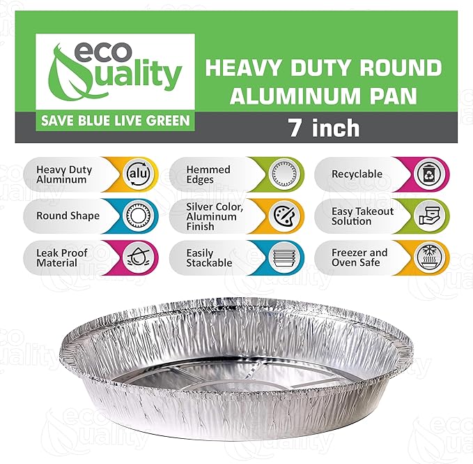 EcoQuality 7" Round Aluminum Foil Pans - Disposable Containers with Foldable Walls for Pie Baking, Cooking, Serving, Reheating, and Storing - Freezer and Oven Safe Tart Pan 500 Pack