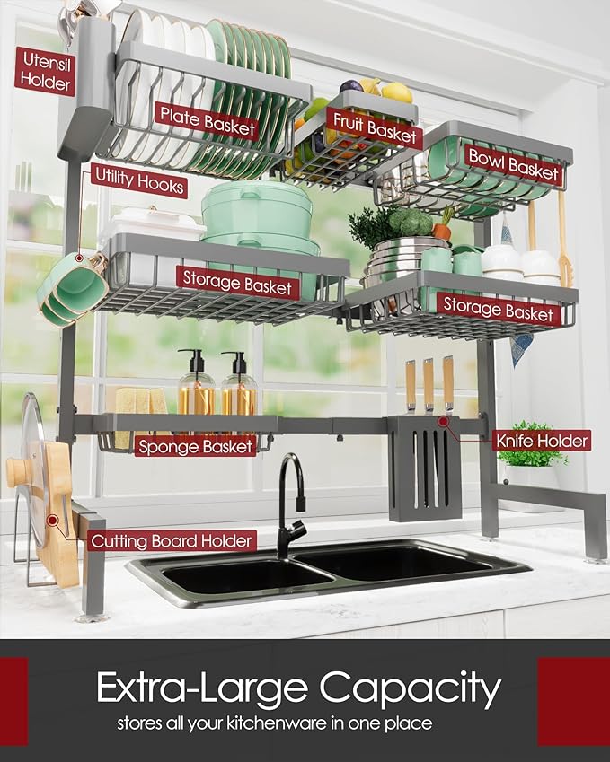 Sakugi Dish Drying Rack - Over The Sink Dish Drainer Drying Rack with Utensil & Knife Holder, Hooks, Stainless Steel Kitchen Organizers and Storage Solution, 11.8" D x 31.5"~39.0''W x 30" H, Gray
