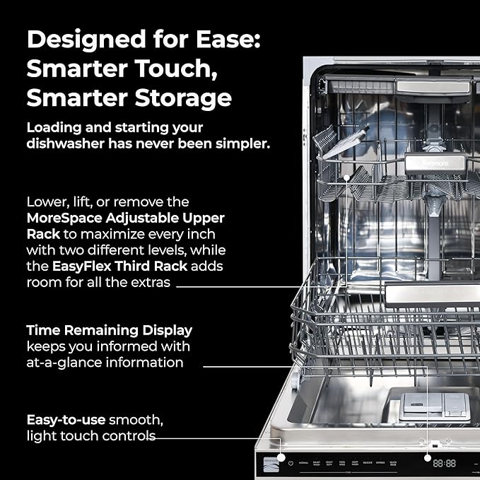 Kenmore 24" Built-In Dishwasher - UltraWash Plus, EasyFlex Third Rack, TurboDry, SmartWash & Reach-Thru Handle - 15 Place Settings - 45 DBA - ENERGY STAR Certified - Stainless Steel
