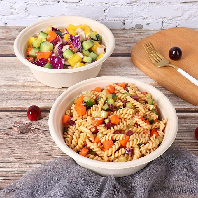 30 oz Disposable salad bowls with lids, Sugarcane Fiber Paper Bowls take away food containers Plant Fibers Freezer Safe 50 Pack