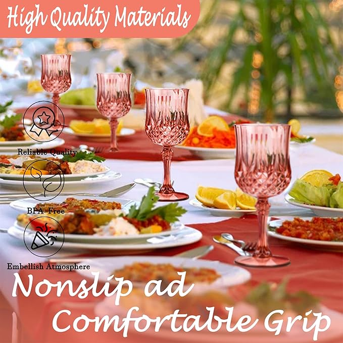 Plastic Wine Glasses, Plastic Goblets Vintage Style Cordial Unbreakable Drinking Glasses, Reusable Drinkware for Wedding Reception, Grand Event Party Supplies (48, Rose Gold)
