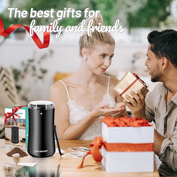 HAUSHOF Coffee Grinder Electric, One Touch Coffee Bean Grinder for Beans, Spices, Herbs and Seeds, Compact Design, with Clean Brush Black