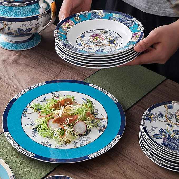 ACMLIFE Bone China Dinnerware Set for 4, 12-Piece Vintage Floral Dinnerware Set, Kitchen Plates and Bowls Set, Fine China Set Gifts Mother's Day, Dinnerware Sets Blue and White for Women (Blue)