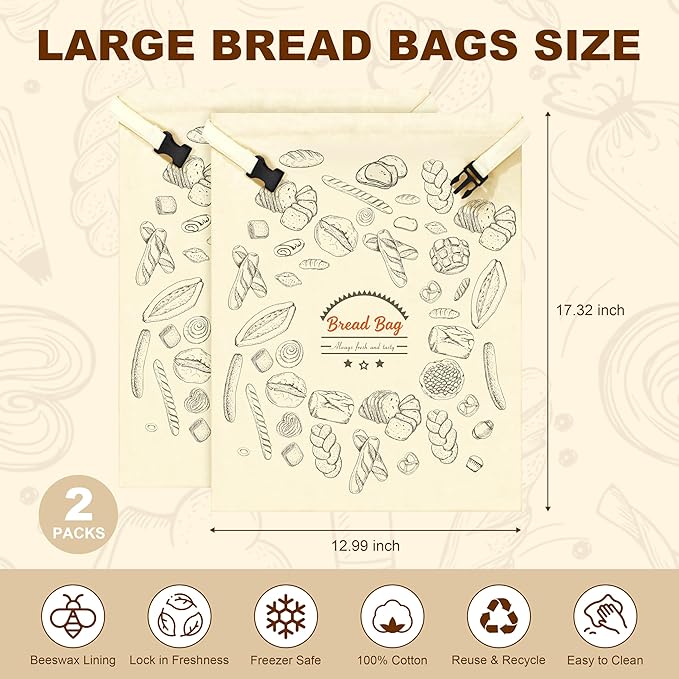 BuyCard 2 Packs Bread Bag Reusable Beeswax Food Storage Bag, Natural Cotton with Bread Pattern Design, Zipper Reusable Bread Bags for Homemade Loaf, Large Size for Fresh Baked Goods Storage