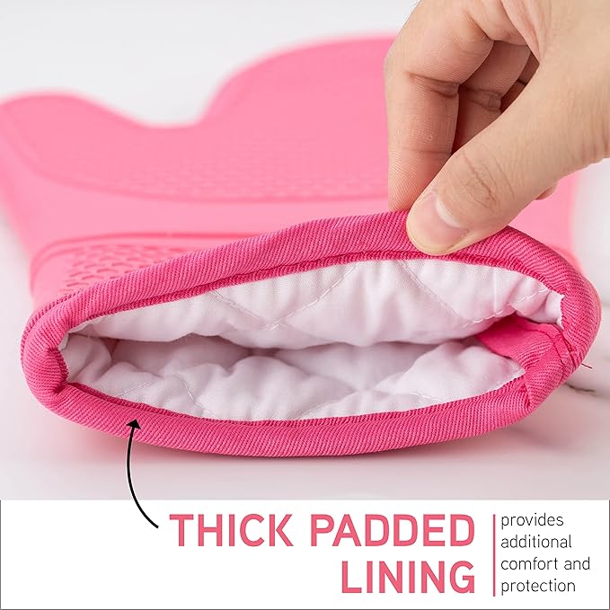 COOK WITH COLOR Silicone Oven Mitts- Heat Resistant Gloves with Soft Quilted Lining Oven Mitt Pot Holders for Cooking and BBQ, Pink, Mitt Set