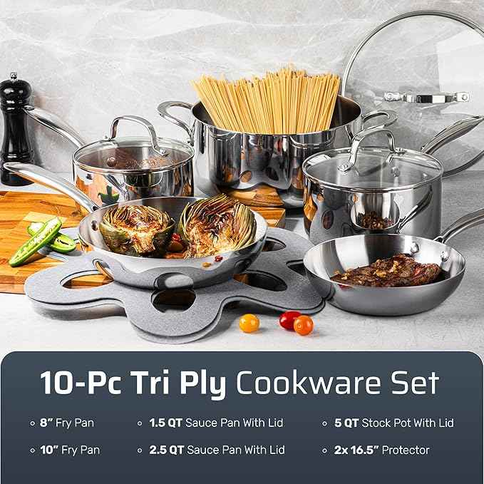Gotham Steel 10 Pcs Tri Ply Stainless Steel Cookware Set, Pots and Pans Set with Induction Bottom, Made Without PTFE PFOA PFOS, Metal Utensil Safe, Oven and Dishwasher Safe