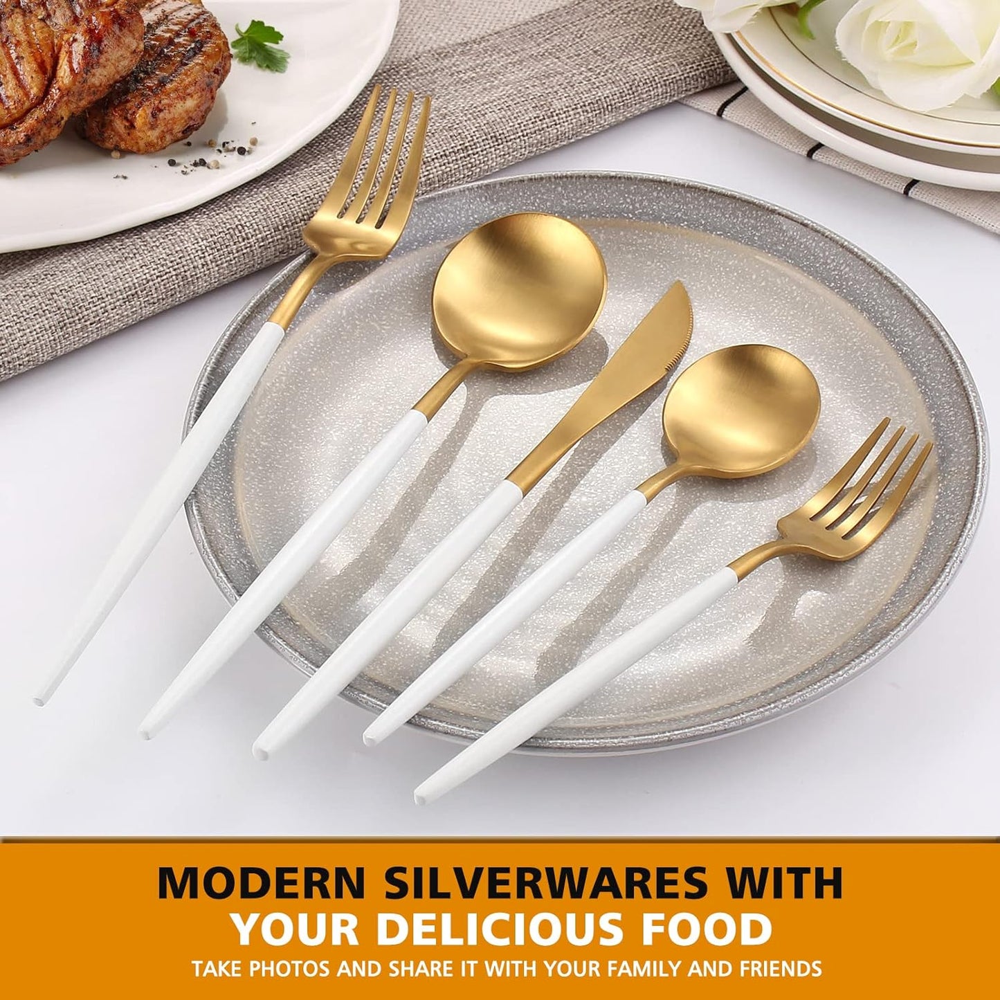 Matte White Gold Silverware Set, Oliviola 40-Piece Stainless Steel Flatware Cutlery Set Service for 8, Satin Finish Kitchen Utensil Set, Dishwasher Safe