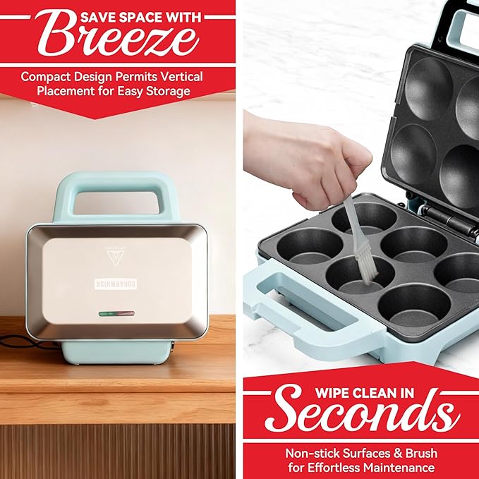 SugarWhisk 6-Count Cupcake Maker Machine, Bakes 6 X 2.5 Inch Cupcakes, Muffins, Pizza Cups, Cinnamon Buns, Cool-touch Handle, Non-stick Coating, Recipe Included, Aqua