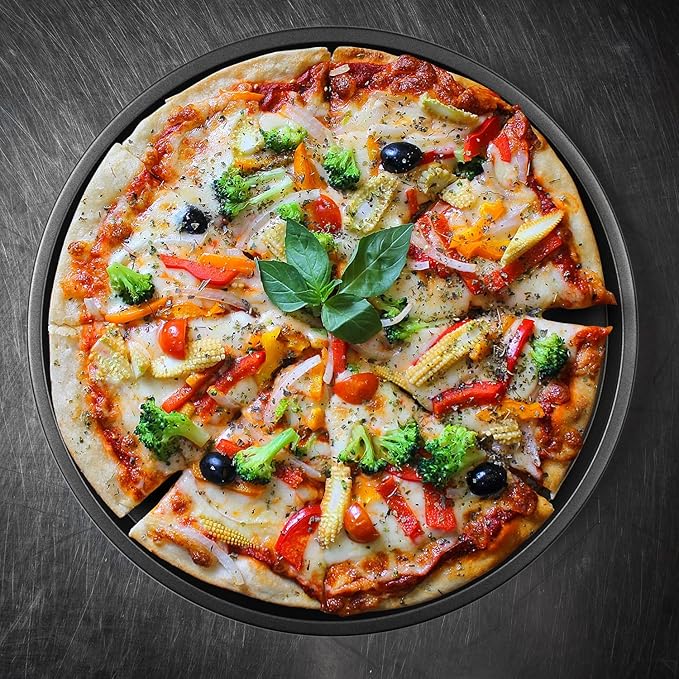 DecorRack 13 Inch Carbon Steel Pizza Pan, [Premium] Non-Stick Coating, Commercial Grade, Serving Tray, Heavy Duty Round Baking Tray for Oven Use (2 Pack)
