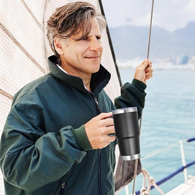 20 oz Stainless Steel Tumbler with Handle Bulk Metal Insulated Tumblers Travel Coffee Mug with Handle Double Wall Tumbler Cup with Lid and Straw, Black 6 Pack