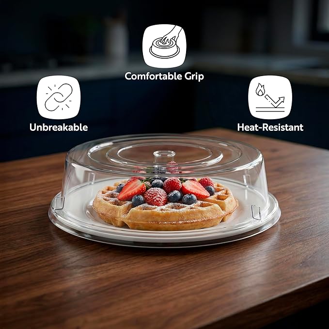Restaurantware Cater Tek 11 Inch Polycarbonate Plate Cover 1 Shatterproof Dish Cover - Microwavable Endures Up To 210F Clear Plastic Splatter Cover With Finger Hole For 11 Inch Plates