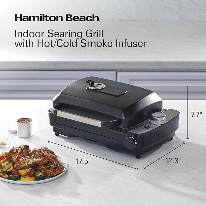 Hamilton Beach Electric Indoor Grill with Hot and Cold Smoke Infuser, 150°F - 450°F Temperature Control For Searing, Vented Hood and Fan, 116 Sq. In. Non-Stick Cooking Surface, Black (25375)