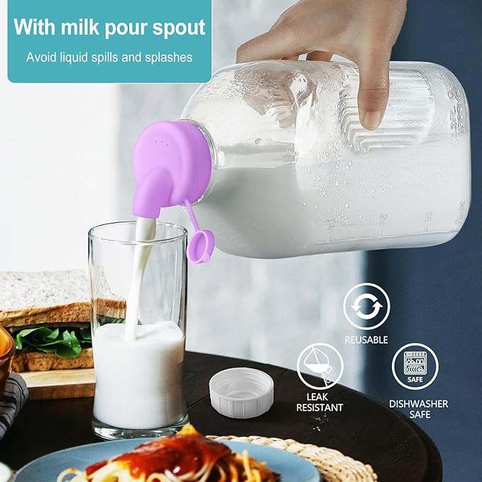 Ritayedet 64 Oz Heavy Duty Glass Milk Bottle with Reusable Airtight Strong SCREW LID - 1/2 Gallon Water Bottles with Scale Lines - 2 Qt Glass Milk Jug Pitcher - Extra Gaskets & Handle!