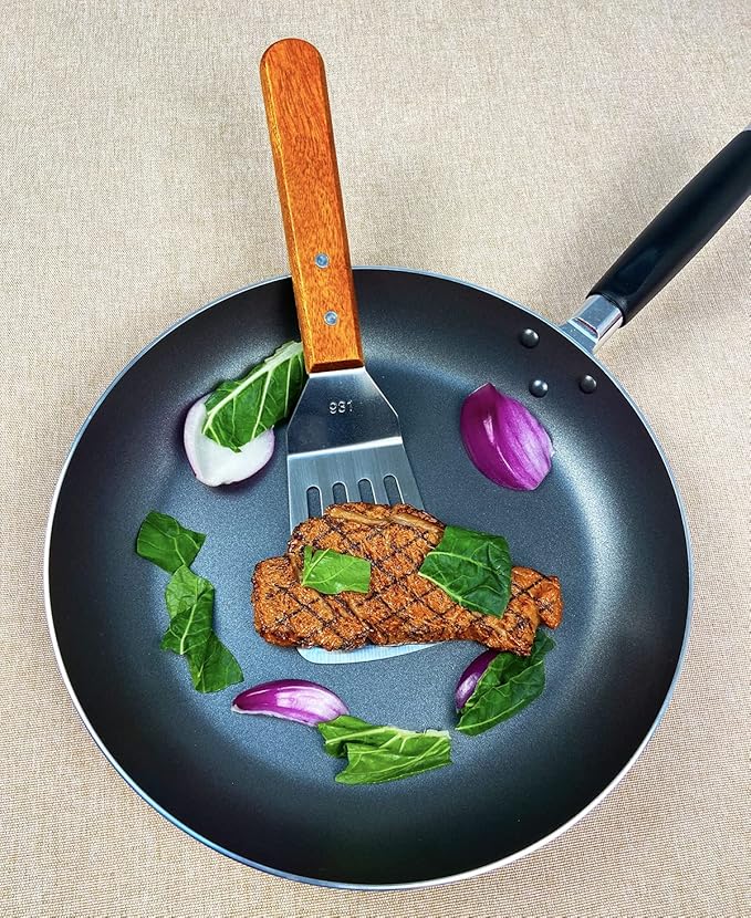 2Pcs Metal Spatulas Set, Metal Spatula for Cast Iron Skillet, Cooking Utensils Fish Egg Grill Spatula Stainless Steel Slotted Spatula, Wok Flat Top Small Metal Spatula Turner with Wood Handle