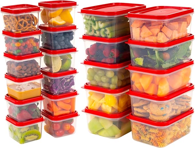 IRIS USA 44 PC Plastic Food Storage Containers With Lids | 22 Meal Prep Containers & 22 Lids| Leftovers Office Lunch Snack Fruit, Microwave Dishwasher Freezer Safe, BPA Free, Clear/Red
