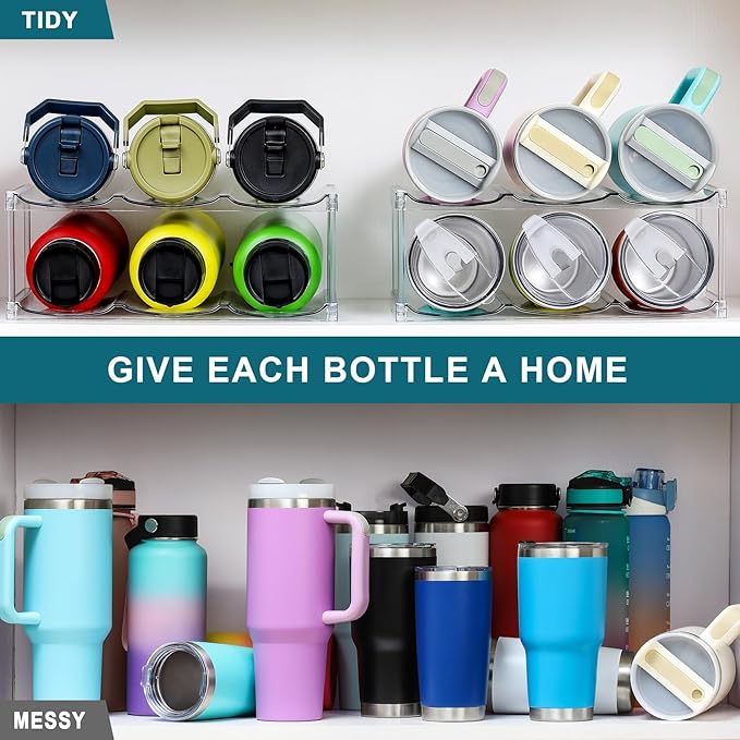 LARGER Compartment - Stackable Water Bottle Organizer Holder - for Stanley & Others' Large Tumbler - Clear Wine Rack, Cup Bottle Holder for Cabinet Home Countertop Fridge Pantry Shelf, 2 Tier Hold 6