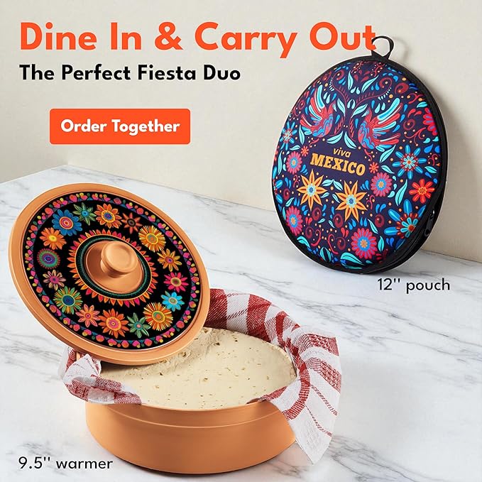 Terracotta Tortilla Warmer Day of the Dead - Mexican Clay Tortilla Holder with Decorative Marigold Lid & Warmer Cloth, Authentic Día de Muertos Terra Cotta Tortillero Holder for Parties & Celebrations