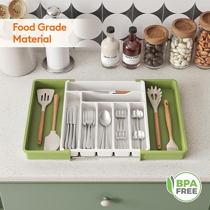Lifewit Utensil Organizer for Kitchen Drawer, Expandable Cooking Silverware Tray, Adjustable Cutlery Flatware Holder, Plastic Spatula Tools Storage Divider, 13-22.4 x 15", Green&White