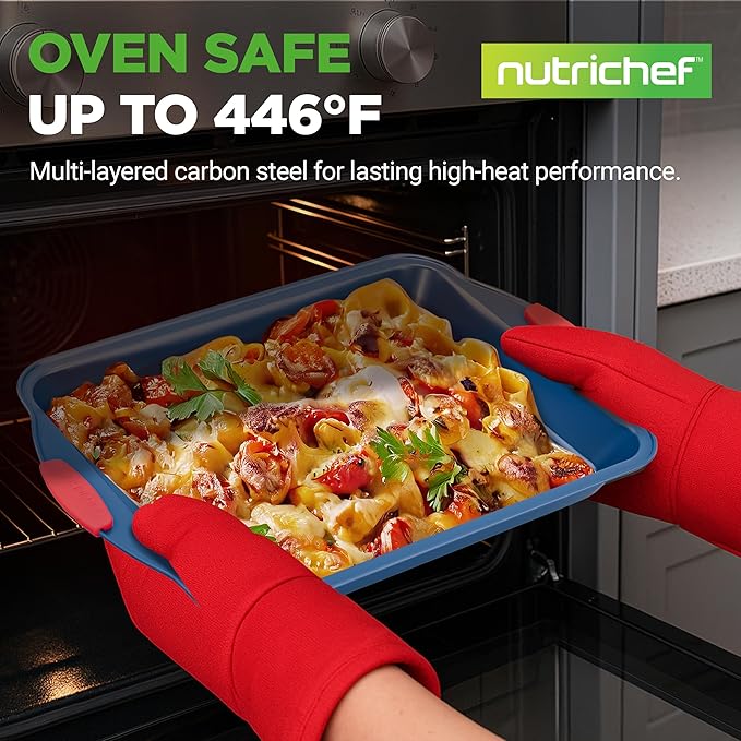NutriChef 6-Piece Bakeware Set - Nonstick Carbon Steel Baking Pans with Red Silicone Handles, Blue Coating, Durable & Stain-Resistant, Perfect for Baking Cakes, Muffins, Cookies (Blue)