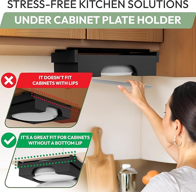 10 inch Paper Plate Dispenser Holder Bamboo Under Cabinet Vertical Rack for Kitchen Countertop Organizer Space Saver Shelf Lid Holder Counter Storage Can Dispenser Pantry Aid Caddy Estante (Black)