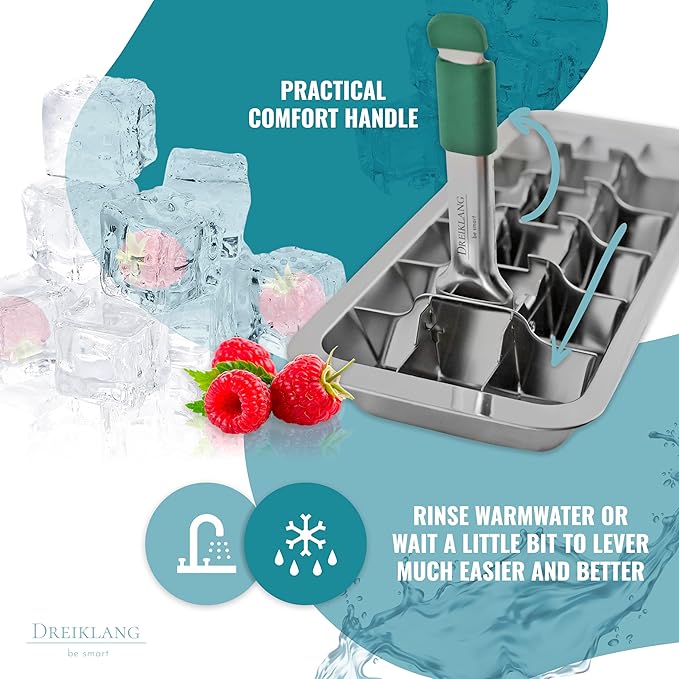 Stainless Steel Polished Set 2-Pack Ice Cube Tray for freezer Ice Cube Tray with Lever Insert |Easy Release with cold-insulated comfort grip | Food-Safe & Durable Ice Cube Maker