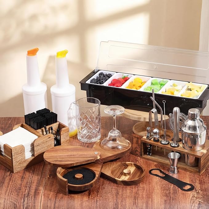 Mifoci 28 Pcs Bartender Kit, Mixologist Bartender Kit Garnish Tray with Lid Bar Caddy and 3 Tier Glass Rimmer, 17 Pcs Margarita Cocktail Shaker Set with Wooden Base for Home Bar Gift Set (Acacia)