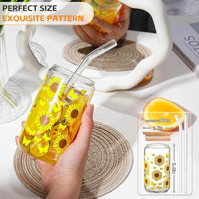 DWTS DANWEITESI Glass Cups with Lids and Straws with Design Sunflower 4 pcs,Clear Glass Cups 16 oz-Drinking Glasses Set,Glass Tumbler,Cute Design Glass Iced Coffee Cups with Lids and Straws