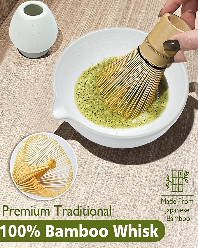 Matcha Whisk Set with Matcha Bowl, Matcha Whisk Holder Matcha Bamboo Whisk, Scoop, Sifter, Unique Gifts for Women Men Girl Friend Home Kitchen Decor（white）