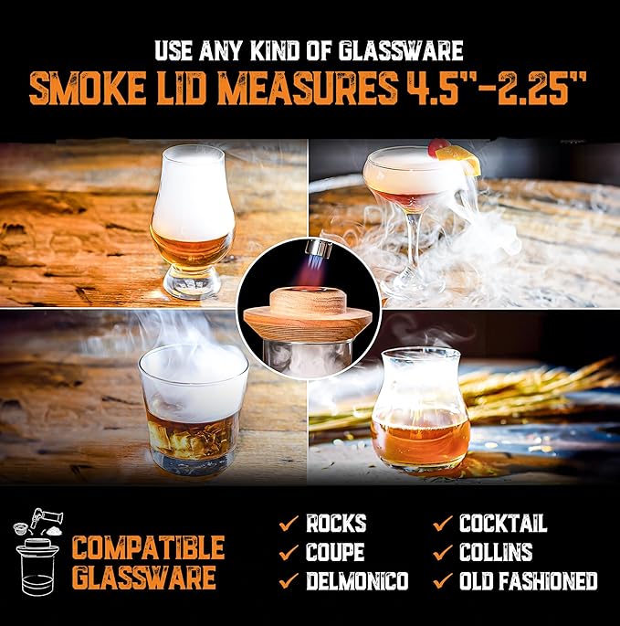 Whiskey Smoker Kit with Torch and Butane - 8 Flavors Wood Chips, 100% USA Oak Smoker, High-End Set - Cocktail Smoker Kit for Drinks - Old Fashioned Bourbon Smoker Gift Set for Men
