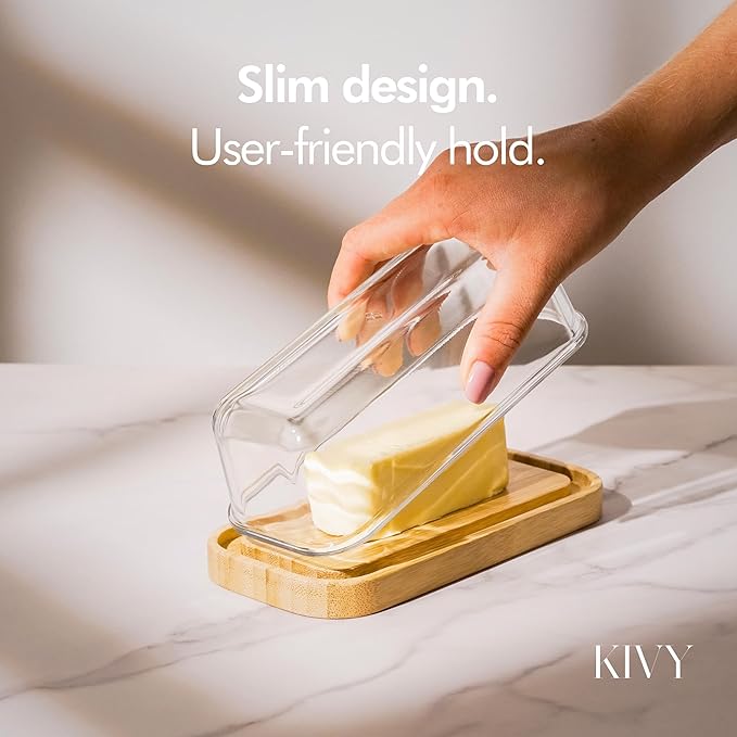 KIVY Glass butter dish with airtight lid that keeps butter soft - For countertop and refrigerator door shelf - Butter tray with lid fridge - Butter holder for counter - Covered butter dishes