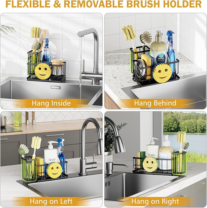 Epicano Sink Caddy Sponge Holder, Smiley Face Sponge Rack with High Brush Holder,Rustproof Kitchen Countertop Organizer,Kitchen Gadgets Sink Accessories, Black