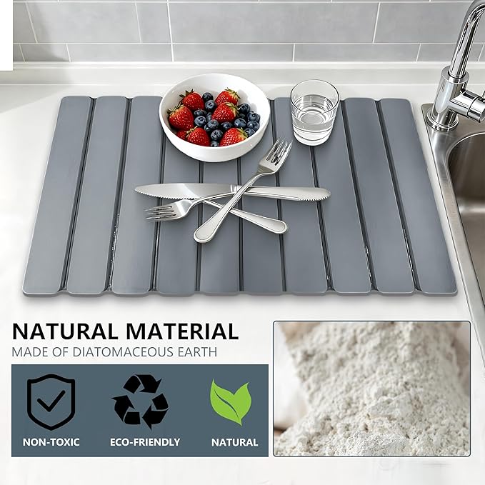 Large Stone Dish Drying Mats for Kitchen Counter , Quick Dry Absorbent Collapsible Dish Drying Mat With Rubber Sole, 23.4”(L)x15.4”(W) Diatomaceous Earth Mats for Dishes Bottles Cups