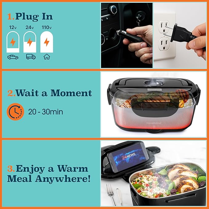 TRAVELISIMO Electric Lunch Box for Adults 100W Heated Lunch Box For Men 1.5L Stainless Steel Portable Food Warmer, 12/24/110V for Travel & Work, Loncheras Electricas Para Calentar almuerzo
