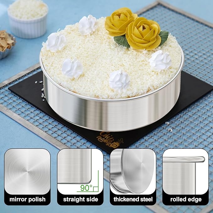 9½ Inch Cake Pan Set of 2, Nonstick Circle Stainless Steel Round Layer Cake Baking Pans Tins with 100PCS Parchment Paper for Birthday Christmas, Healthy & Non-Toxic, Silicone Spatula & Dishwasher Safe